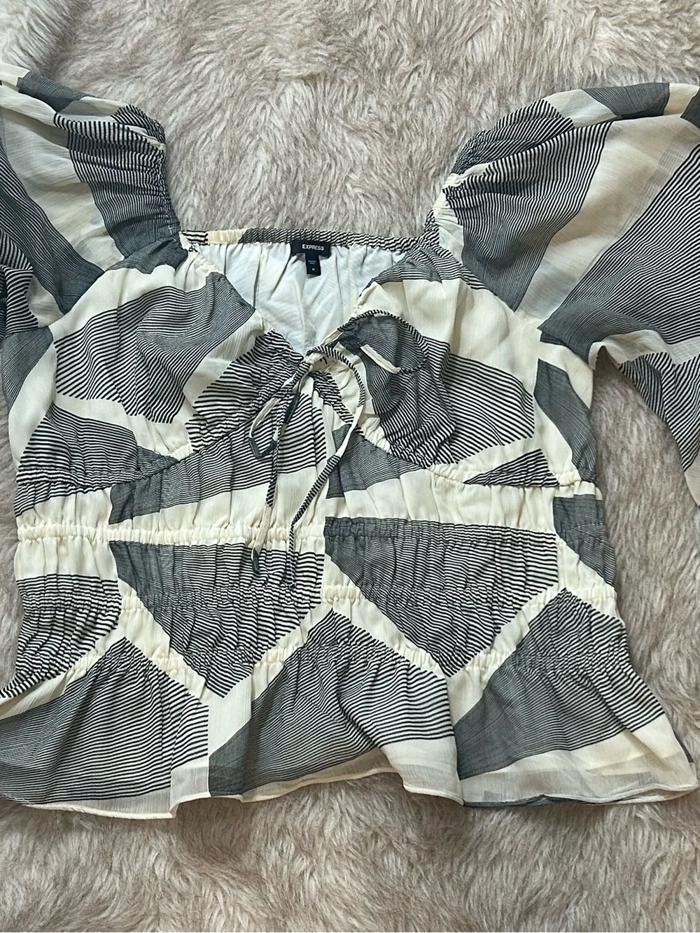 Express Black & Cream Geometric Tie-Front Peasant Top